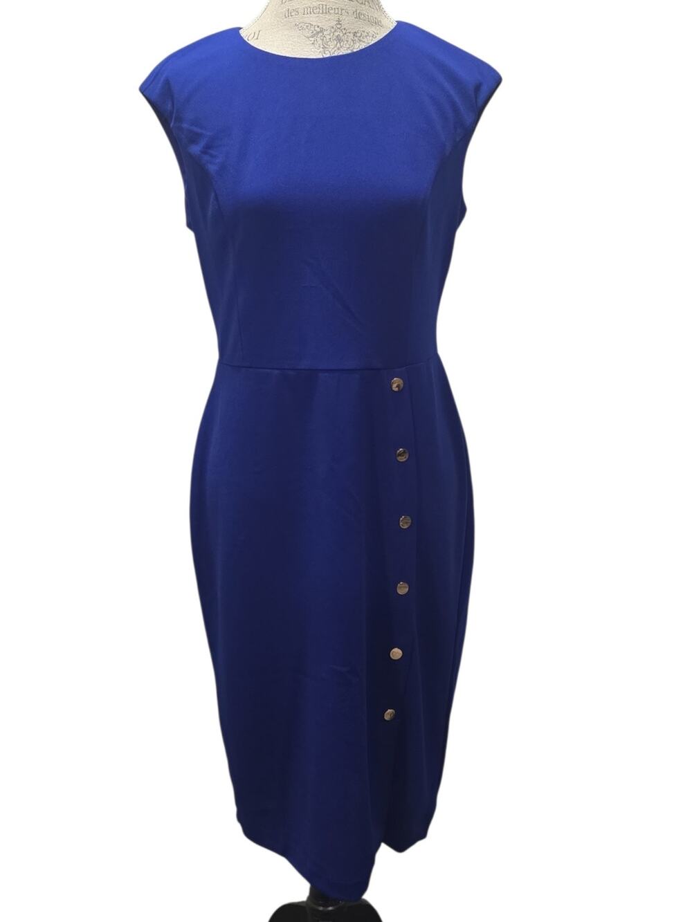 Ivy + Blu Royal Blue Cap Sleeveless Sheath Midi Dress with Gold Buttons